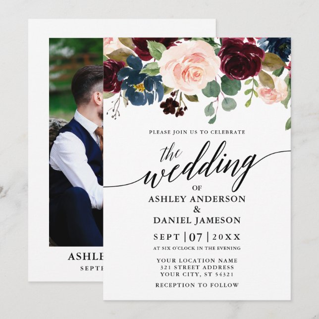 Calligraphy Floral Burgundy Pink Photo Wedding Invitation (Front/Back)