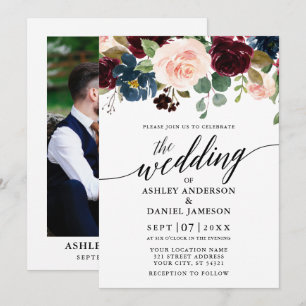 Calligraphy Floral Burgundy Pink Photo Wedding Invitation