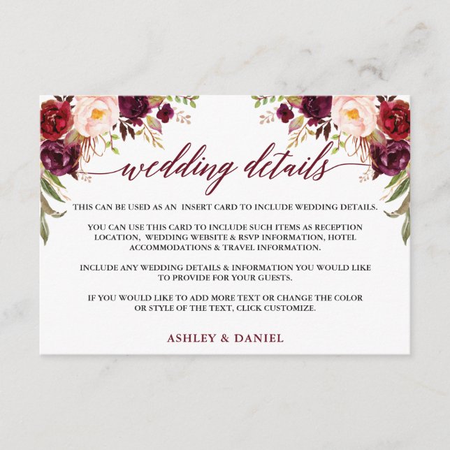 Calligraphy Floral Burgundy Wedding Details Enclosure Card (Front)