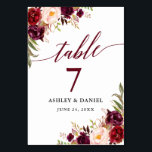 Calligraphy Floral Burgundy Wedding Table Number<br><div class="desc">Modern Elegant Calligraphy,  Watercolor Burgundy Marsala Floral Wedding Table Card</div>