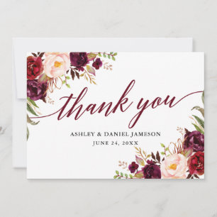 Calligraphy Floral Burgundy Wedding Thank You Card