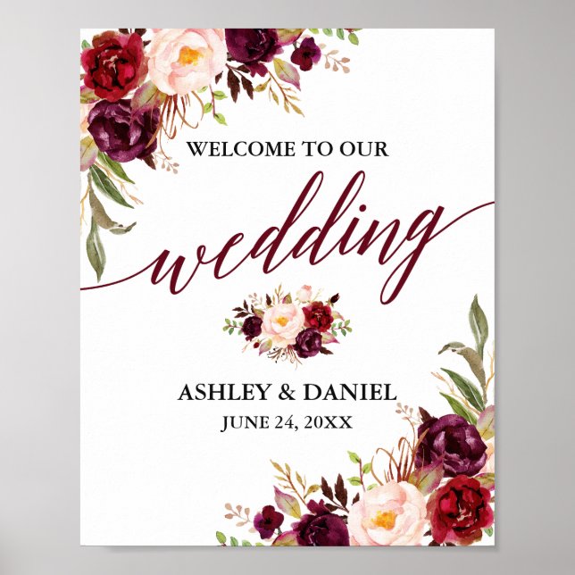 Calligraphy Floral Burgundy Wedding Welcome Poster (Front)