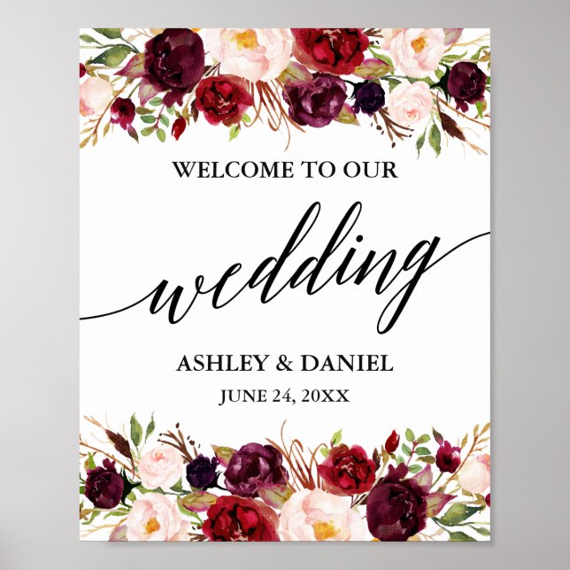 Calligraphy Floral Burgundy Wedding Welcome Poster (Front)