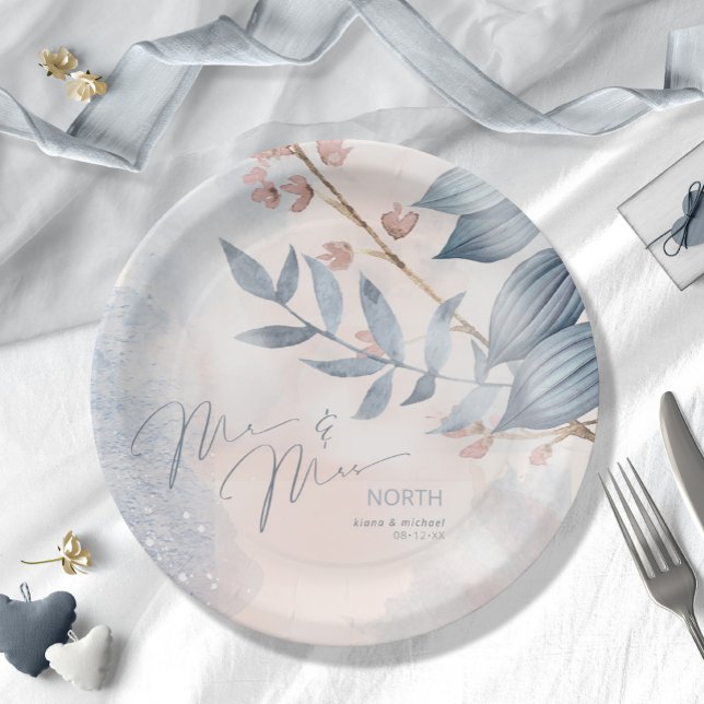 Calligraphy Floral Mr and Mrs Dusty Blue ID771 Paper Plate (Creator Uploaded)