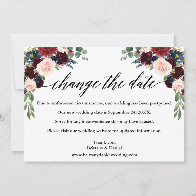 Calligraphy Floral New Wedding Date Card (Front)