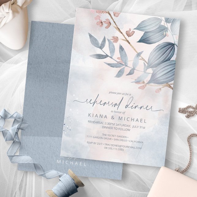 Calligraphy Floral Rehearsal Dinner Blue ID771 Invitation (Front/Back In Situ)