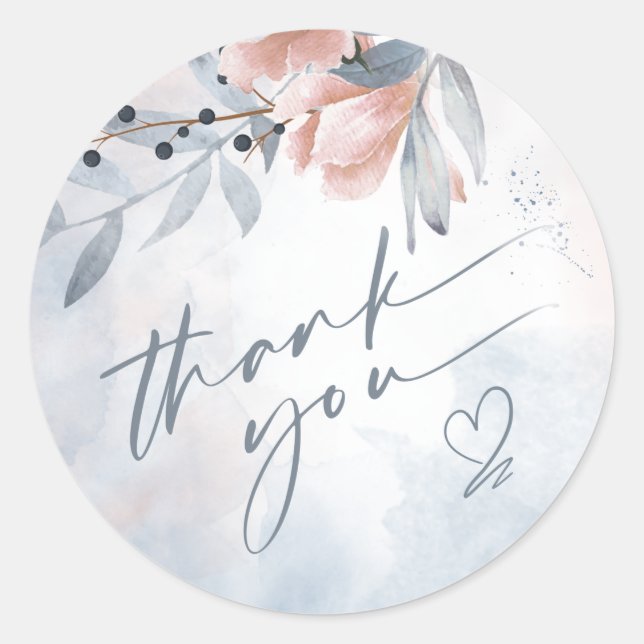 Calligraphy Floral Thank You Heart Blue ID771 Classic Round Sticker (Front)