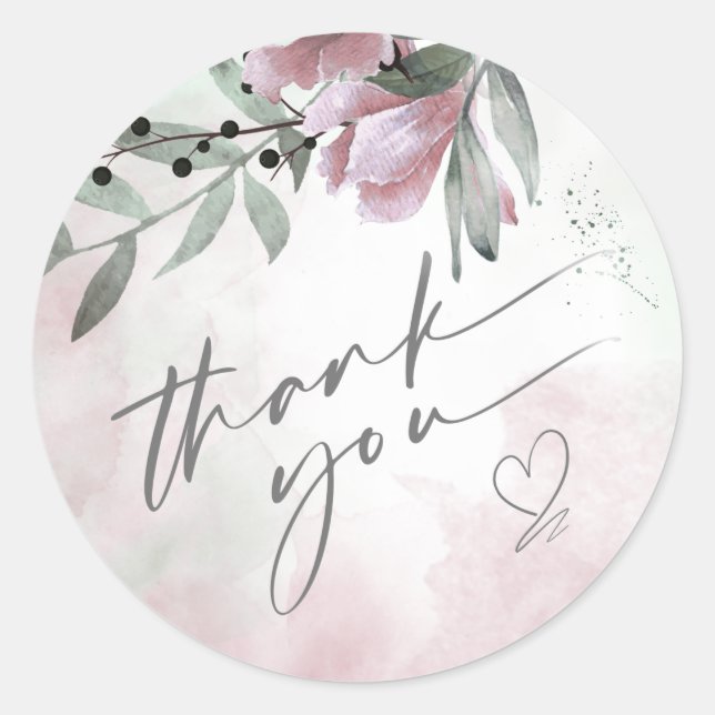 Calligraphy Floral Thank You Heart Mauve ID771 Classic Round Sticker (Front)