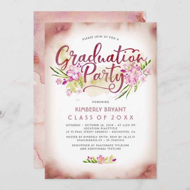 Calligraphy | Floral Watercolor Graduation Party Invitation (Front/Back)