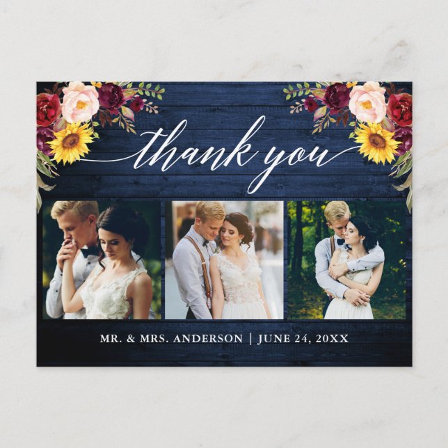 Calligraphy Floral Wedding Blue Wood Thank You Postcard (Front)
