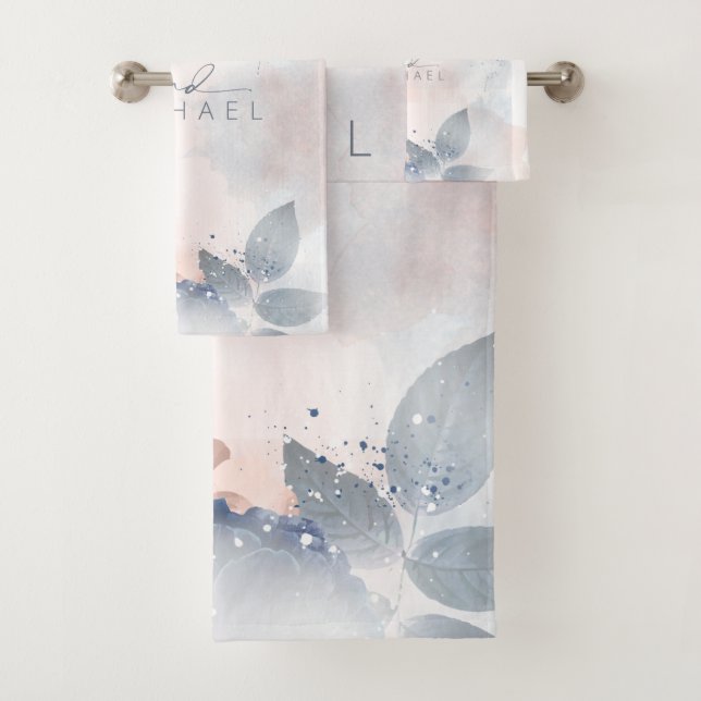 Calligraphy Floral Wedding Dusty Blue ID771 Bath Towel Set (Insitu)