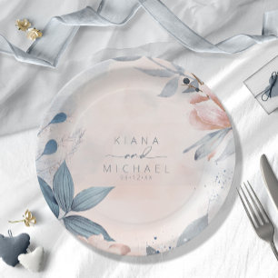 Calligraphy Floral Wedding Dusty Blue ID771 Paper Plate
