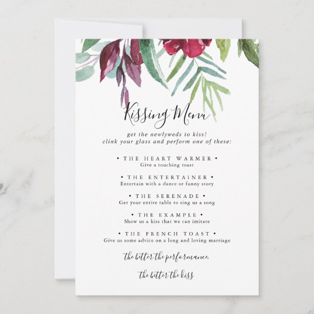 Calligraphy Floral Wedding Kissing Menu Game Card (Front)