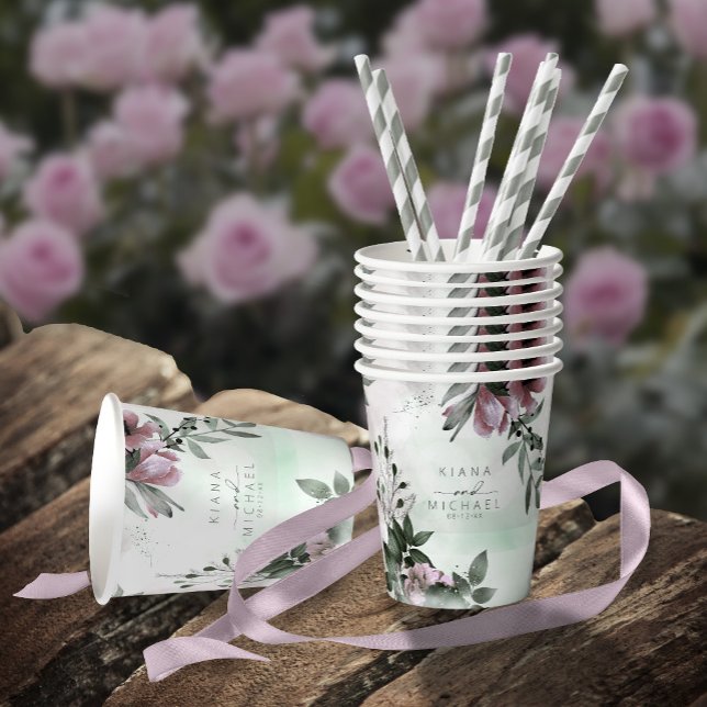 Calligraphy Floral Wedding Mauve ID771 Paper Cups (Creator Uploaded)
