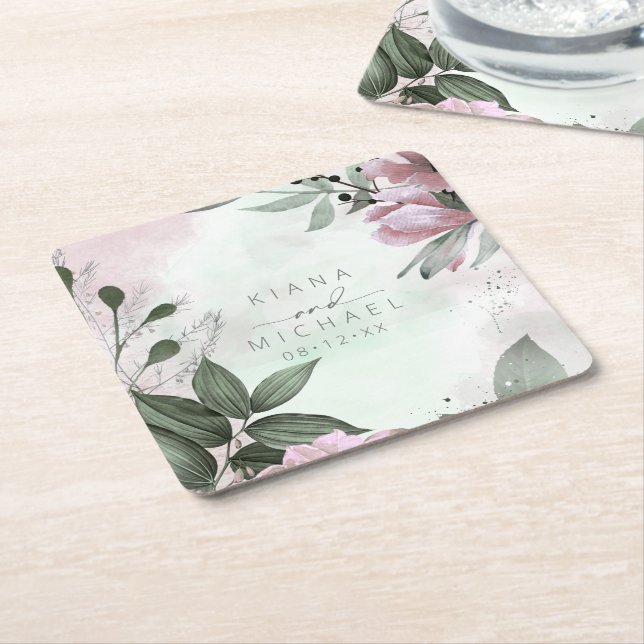Calligraphy Floral Wedding Mauve ID771 Square Paper Coaster (Angled)