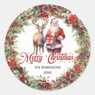Calligraphy font   traditional Christmas wreath Classic Round Sticker