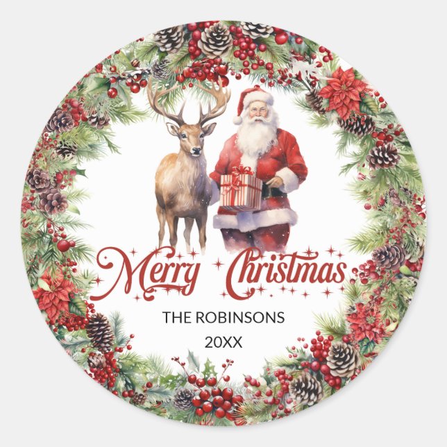 Calligraphy font | traditional Christmas wreath Classic Round Sticker (Front)