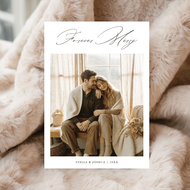 Calligraphy Forever Merry Christmas Newlywed Photo Holiday Card (Creator Uploaded)