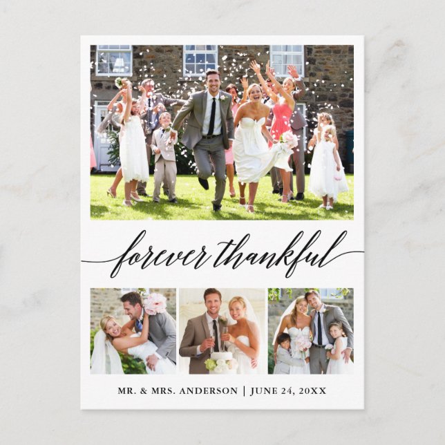 Calligraphy Forever Thankful 4 Photo Thank You Postcard (Front)