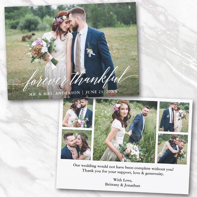 Calligraphy Forever Thankful Wedding 6 Photos Thank You Card (Customize to change your personalized text size or text style.)