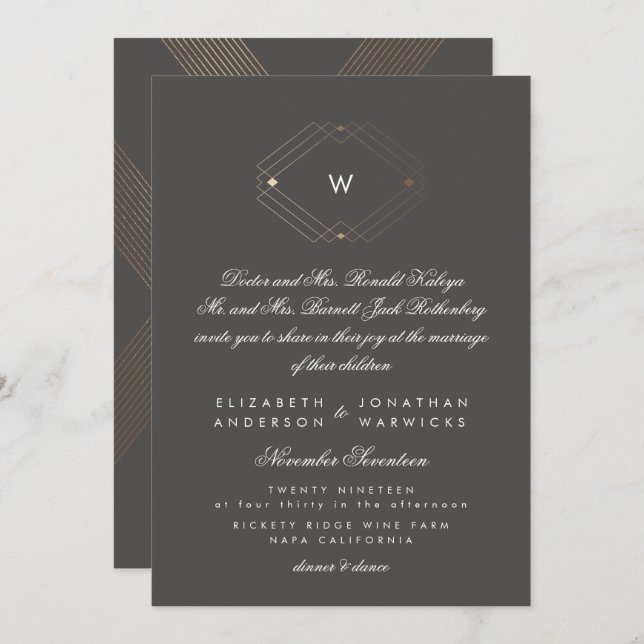 Calligraphy Formal Monogram Gold Foil Charcoal Invitation (Front/Back)