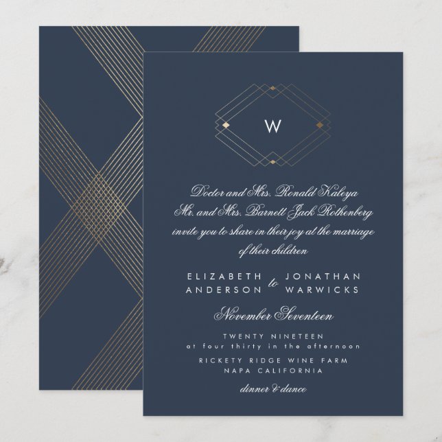 Calligraphy Formal Monogram Gold Foil Navy Invitation (Front/Back)