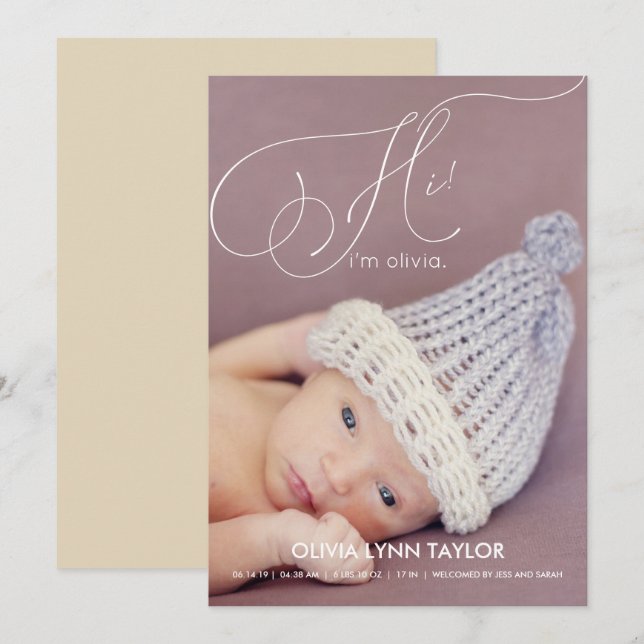 Calligraphy Full Photo Baby Birth Announcement (Front/Back)