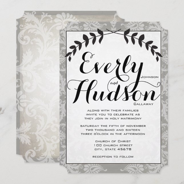 Calligraphy Garland Damask Brown Paper Wedding Invitation (Front/Back)