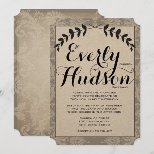 Calligraphy Garland Damask Brown Paper Wedding Invitation