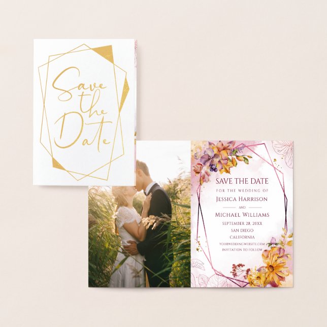 Calligraphy Geometric Marsala Photo Save The Date Foil Card (Display)