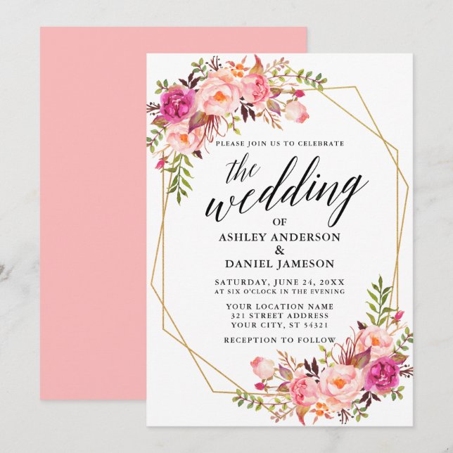 Calligraphy Geometric Pink Blush Floral Wedding Invitation (Front/Back)