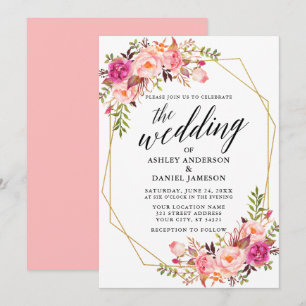 Calligraphy Geometric Pink Blush Floral Wedding Invitation