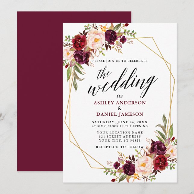 Calligraphy Geometric Wedding Burgundy Floral Invitation (Front/Back)