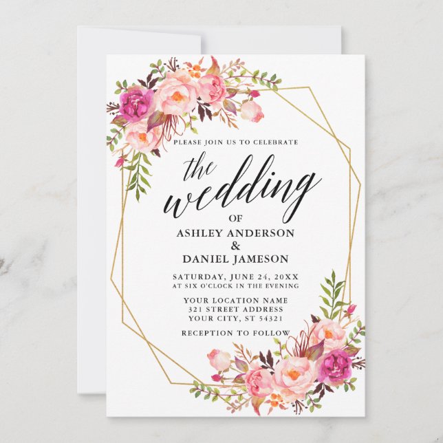 Calligraphy Geometric Wedding Pink Blush Floral Invitation (Front)