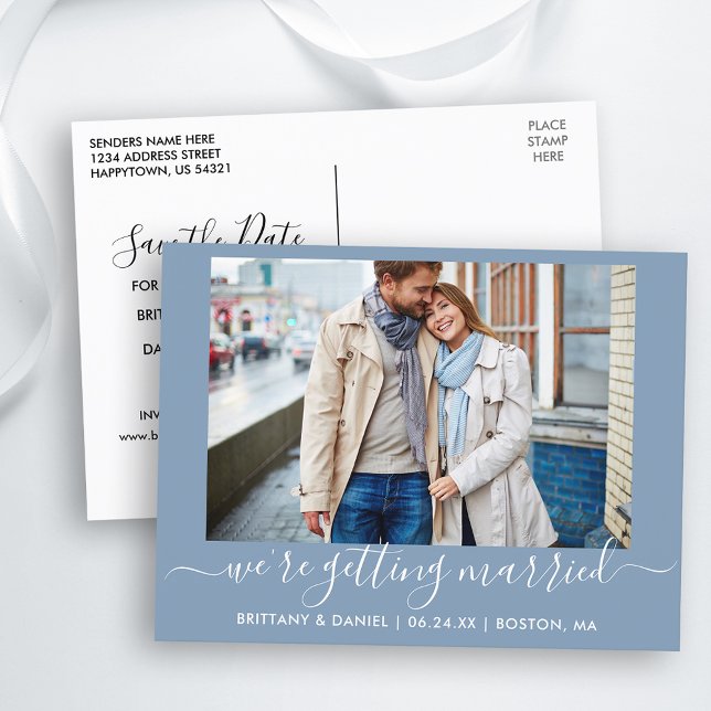 Calligraphy Getting Married Blue Save The Date Postcard (Customize to change text size, text style or background color.)