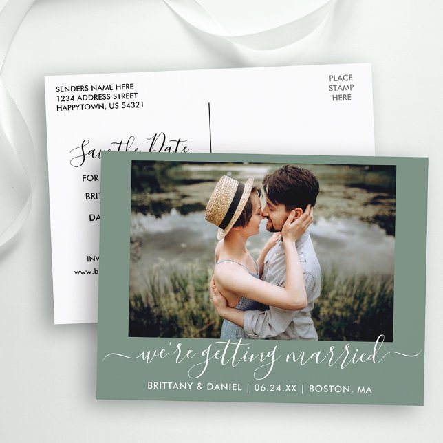 Calligraphy Getting Married Green Save The Date Postcard (Customize to change text size, text style or background color.)