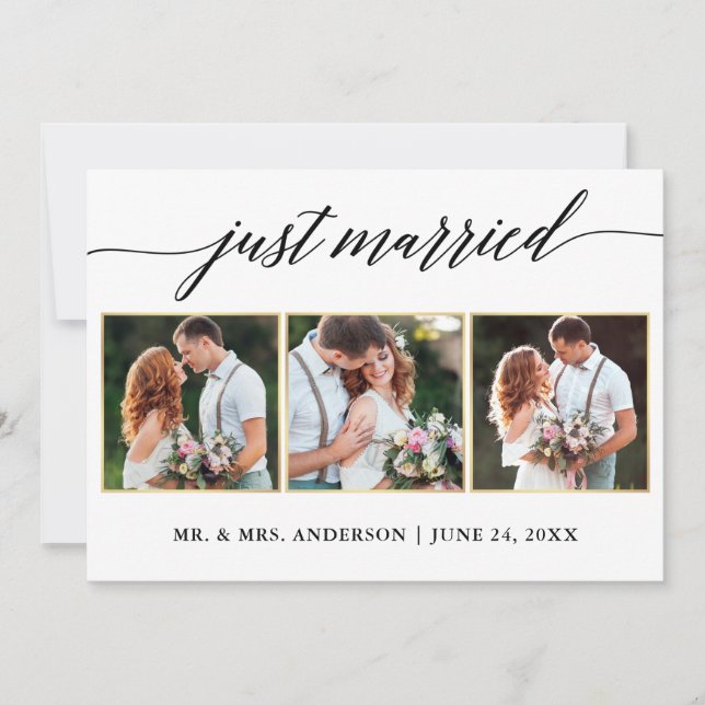 Calligraphy Gold 3 Photo Just Married Card (Front)
