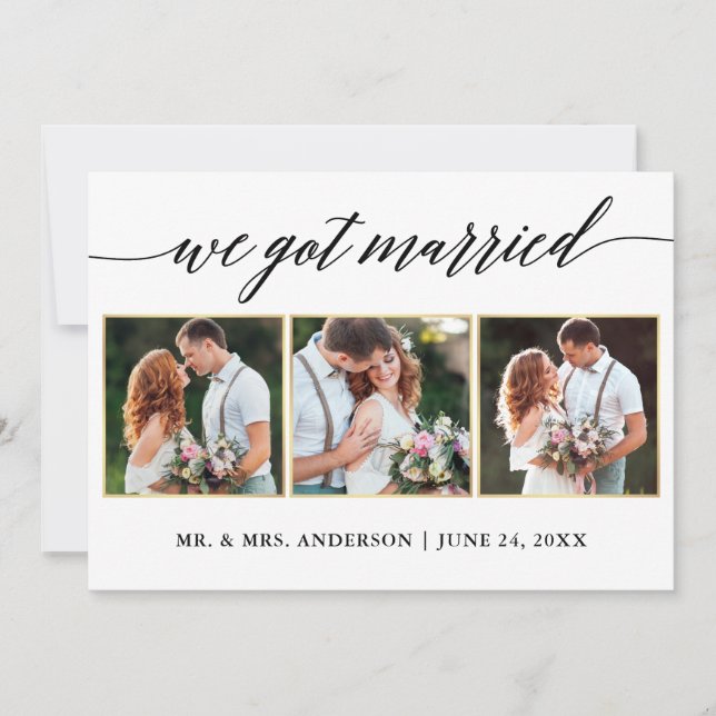Calligraphy Gold 3 Photo Wedding Announcement Card (Front)