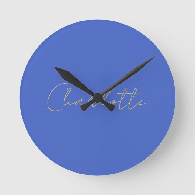 Calligraphy Gold Colour Deep Royal Custom Name Round Clock (Front)