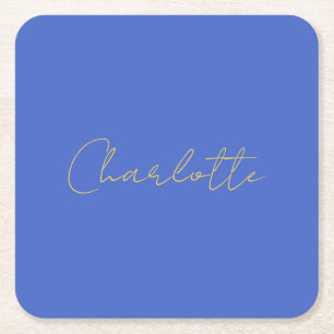 Calligraphy Gold Colour Deep Royal Custom Name Square Paper Coaster