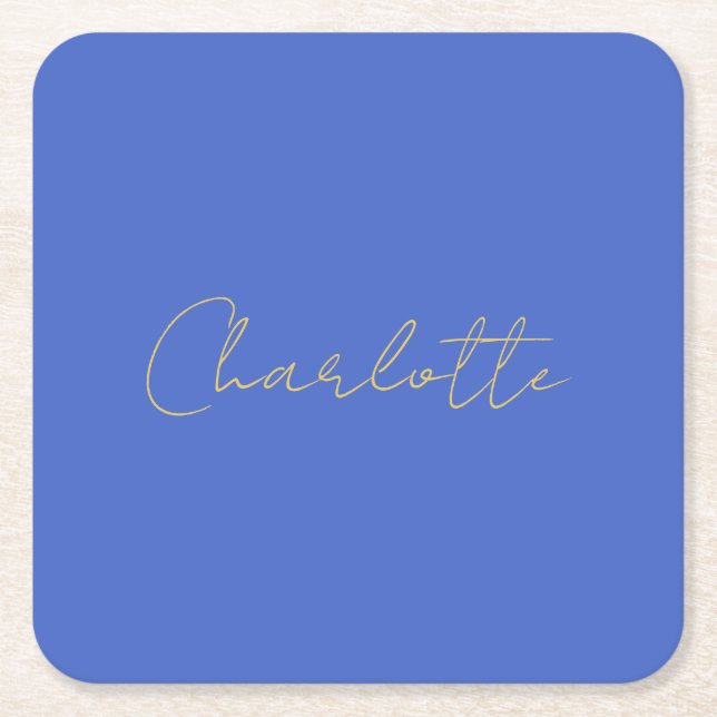 Calligraphy Gold Colour Deep Royal Custom Name Square Paper Coaster (Front)