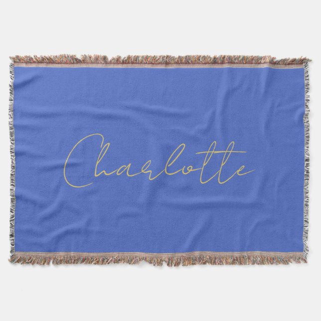 Calligraphy Gold Colour Deep Royal Custom Name Throw Blanket (Front)