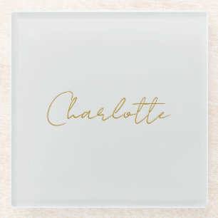 Calligraphy Gold Colour Grey Custom Personal Edit Glass Coaster