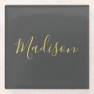 Calligraphy Gold Colour Grey Custom Personal Edit Glass Coaster