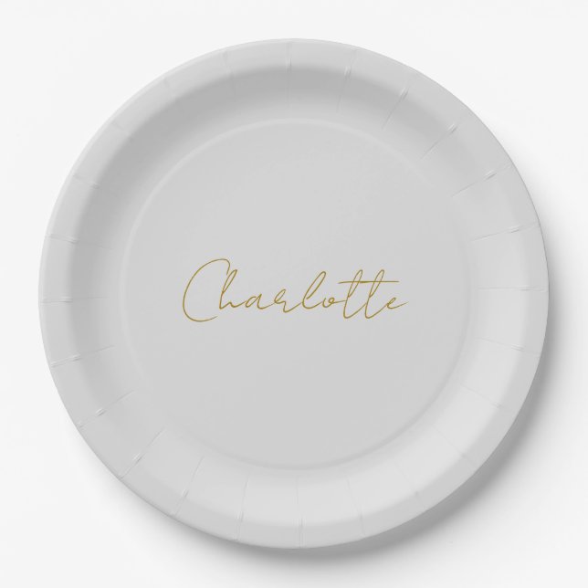 Calligraphy Gold Colour Grey Custom Personal Edit Paper Plate (Front)