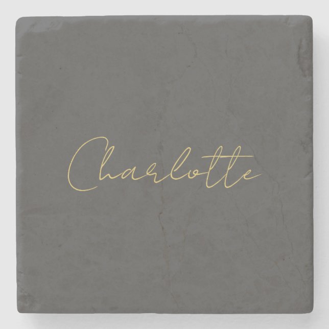 Calligraphy Gold Colour Grey Custom Personal Edit Stone Coaster (Front)