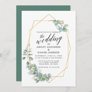 Calligraphy Gold Frame Eucalyptus Greenery Wedding Invitation