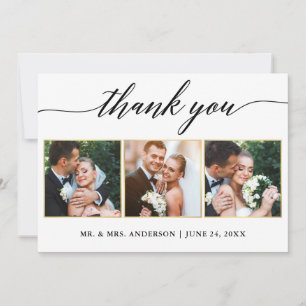 Calligraphy Gold Frames Wedding 3 Photo Thank You Card