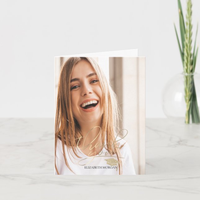 Calligraphy Gold Glitter Graduation Cap Photo Thank You Card (Front)
