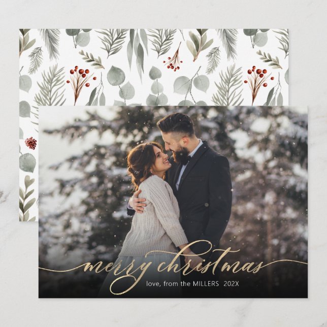 Calligraphy Gold Script Foliage Photo Christmas  Holiday Card (Front/Back)